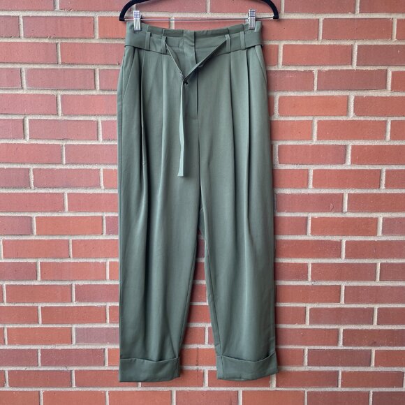 Elizabeth & James Paper Bag High Waist Olive Green Belted Pants Trousers Size 12 - Picture 3 of 9